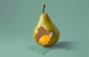 Poire artistique contenant un jaune d'œuf, représentant l’innovation culinaire